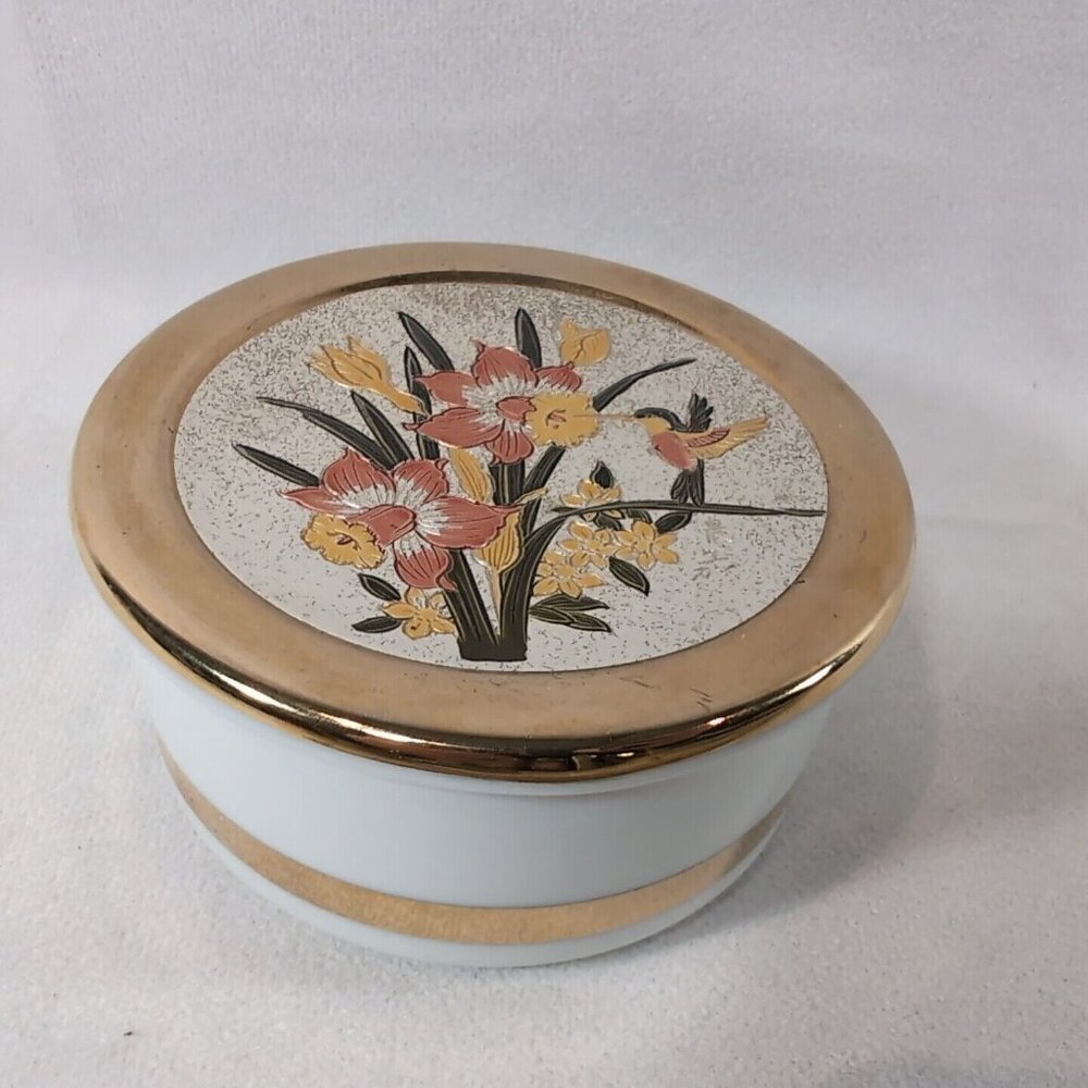 Chokin 24K Gold Edged Trinket Box Japan Hummingbird Flower Floral Jewelry Lilies